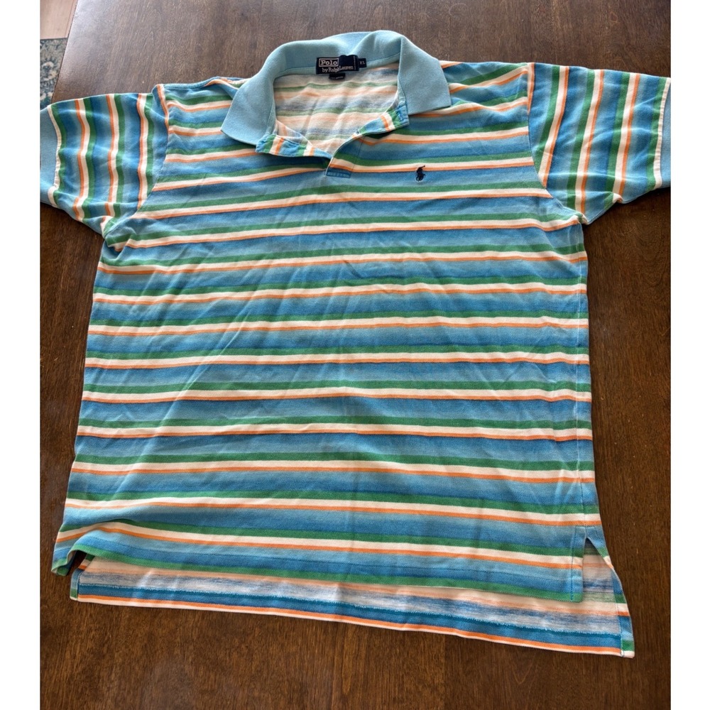 Polo Ralph Lauren Mens XL Striped Pique Polo Shirt Blue Green Orange Cotton